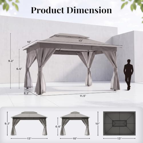 LAUSAINT HOME 10x12 Gazebo Canopy with Netting, Curtains & Double Roof