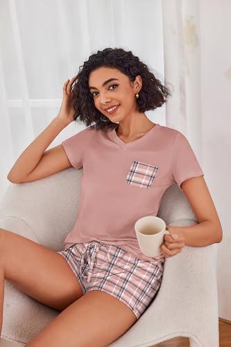 Pijama Ekouaer para Mujer: Manga Corta, Cuello V, Cuadros Rosas