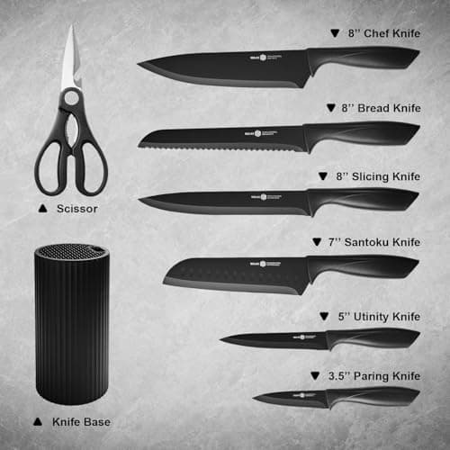 NULAS 8-Piece Kitchen Knife Set with Block, Dishwasher Safe, Black | 6 Versatile Blades, Kitchen Shears, Universal storage, Rust-resistant Finish and Ergonomic Handles