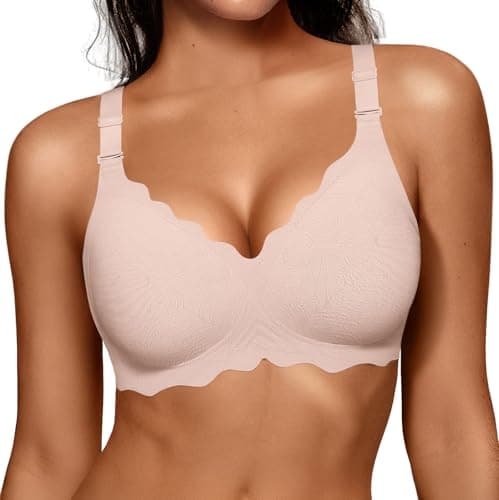 OEAK Women Jelly Bras No Underwire Scalloped Push Up Buttery Soft Tshirt Bra Seamless Full Coverage Convertible Everyday Bra Jacquard Pink,XL