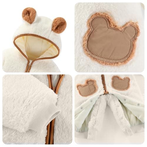 JiAmy Baby Fleece Snowsuit Newborn Hooded Winter Outfits Infant Boys Girls Hooded Zipper Jumpsuit Romper White 0-3 Months