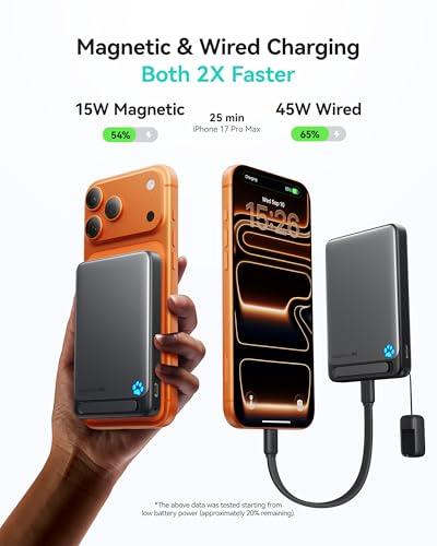 INIU for Magsafe Power Bank, Slimmest 10000mAh Qi2 Certified 15W Magnetic Portable Charger, 45W Fast Charging with Built-in USB-C Cable, Battery Pack with Stand for iPhone Air 17 1