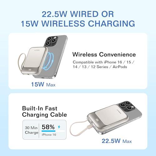 Magnetic Power Bank 10000mAh, Wireless Portable Charger with 15W Max Fast Charging & Built-in USB-C Cable, 22.5W PD LED Display Battery Pack Compatible with iPhone 17/16/15, Samsun