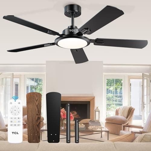 TCL Ceiling Fans with Lights, 52 Inch Ceiling Fan with Light and Remote Control, Reversible DC Motor, Noiseless, Dimmable 36W LED, Modern Ceiling Fan for Bedroom Living Room (Black