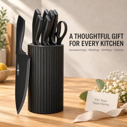 NULAS 8-Piece Kitchen Knife Set with Block, Dishwasher Safe, Black | 6 Versatile Blades, Kitchen Shears, Universal storage, Rust-resistant Finish and Ergonomic Handles
