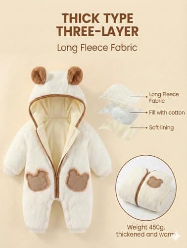 JiAmy Baby Fleece Snowsuit Newborn Hooded Winter Outfits Infant Boys Girls Hooded Zipper Jumpsuit Romper White 0-3 Months