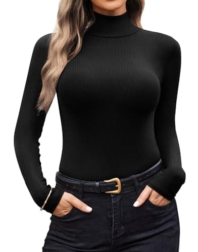 Ekouaer Women Turtleneck Shirt Long Sleeve Layer Tops Basic Ribbed Tees Soft Stretch Thermal Undershirts Lightweight Blouse Black L