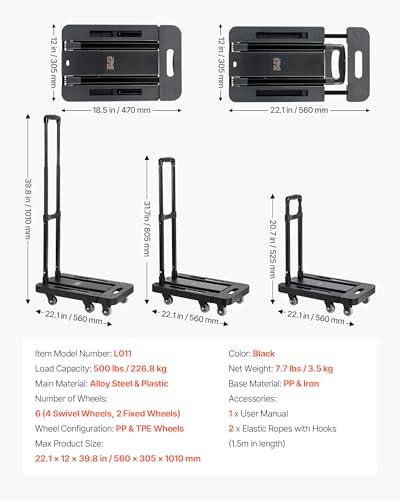 Diablo Plegable VEVOR: 500 lb, 6 Ruedas, Base Expandible