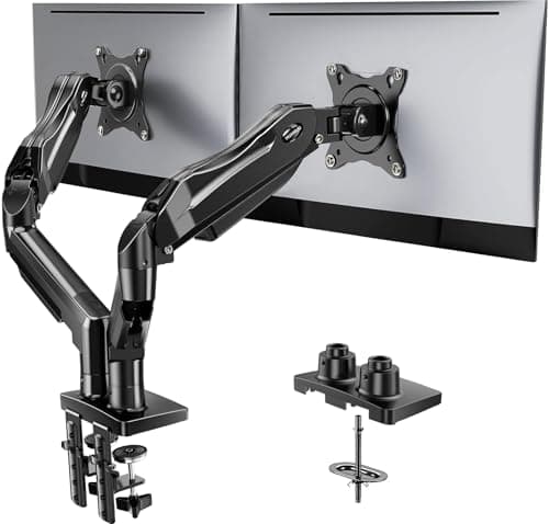 HUANUO FlowLift™ Dual Monitor Stand, Fully Adjustable Gaming Monitor Desk Mount for 13–32″ Computer Screens, Full Motion VESA 75x75/100x100 with C-Clamp & Grommet Base, Each Arm Ho
