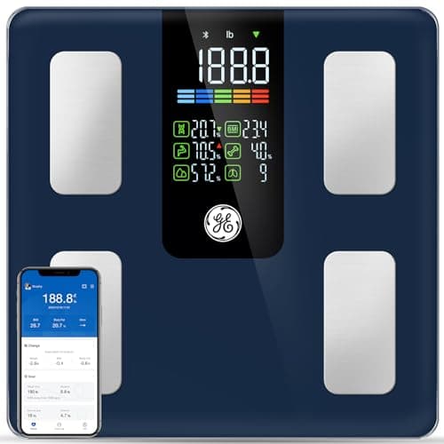 Báscula Inteligente GE para Composición Corporal, Peso e IMC | Medición de Grasa y Masa Muscular, Digital para Baño, Capacidad 500 lb, Sync Bluetooth