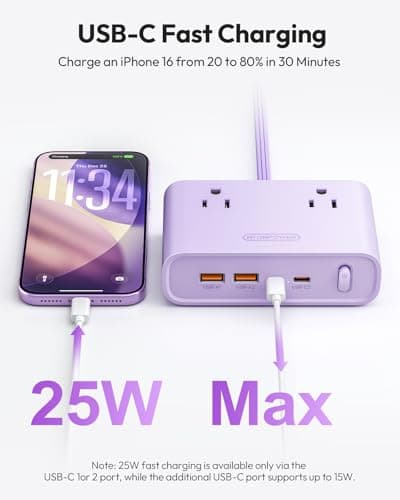 NTONPOWER Purple Power Strip, 25W Max 8-in-1 with 4 AC, 4 USB(2 USB C) 10ft Flat Extension Cord, Power Strip with USB Ports, Outlet Extender for Home Office, School Dorm Room Essentials