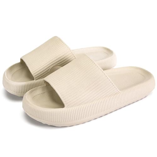 rosyclo Cloud Like Slides Sandals for Women and Men,Tan Beige W7.5-8.5/M6-7 | Cushioned Thick Sole Slides, Foot Pain Relief, Pillow Comfortable Supportive Shower Shoes, Indoor Outdoor House Slippers