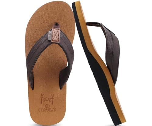 KuaiLu Mens Leather Flip Flops Arch Support Summer Beach Pool Water Thong Sandals Waterproof Essentials Walking Shoes Slip on Orthotic Casual Sport Cushioned Wide Slides Shower Sli