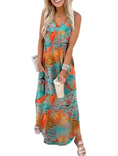 Sampeel Maxi Dresses for Women 2025 V Neck Long Beach Sundresses Tropical Floral Summer Materinity Dress for Women M