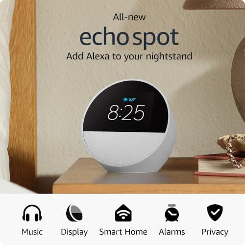 Amazon Echo Spot (newest model), Great for nightstands, offices and kitchens, Smart alarm clock with Alexa+ Early Access, Glacier White