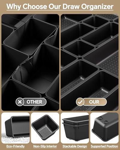 KEMETHY 25 PCS Plastic Drawer Organizers Set, 4 Sizes Vanity Organizer, Makeup and Desk Drawer Organizer Trays, Organization and Storage for Makeup, Bathroom, Kitchen Utensils and