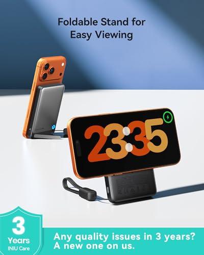 INIU for Magsafe Power Bank, Slimmest 10000mAh Qi2 Certified 15W Magnetic Portable Charger, 45W Fast Charging with Built-in USB-C Cable, Battery Pack with Stand for iPhone Air 17 1