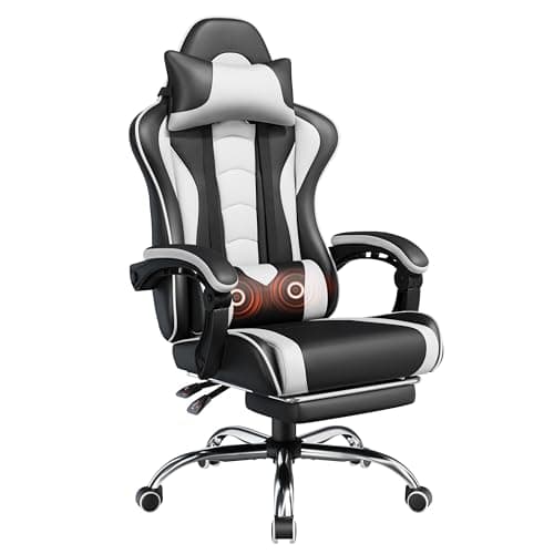 Yaheetech Gaming Chair with Footrest Massage Lumbar Pillow Black and White