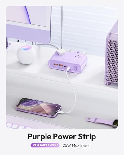 NTONPOWER Purple Power Strip, 25W Max 8-in-1 with 4 AC, 4 USB(2 USB C) 10ft Flat Extension Cord, Power Strip with USB Ports, Outlet Extender for Home Office, School Dorm Room Essentials