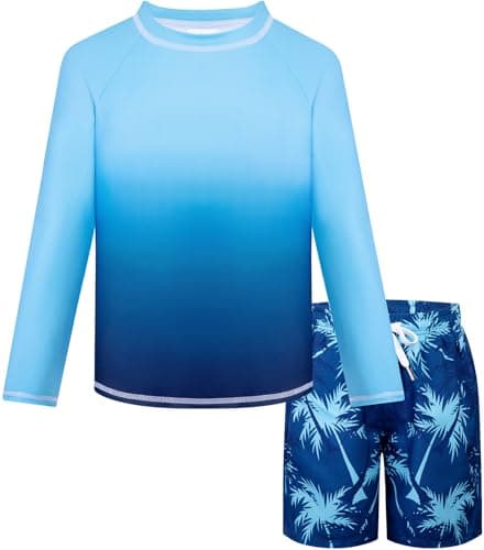 Belovance Boys Two Piece Rash Guard Swim Set Kids Long Sleeve Bathing Suit Swimwear Shirt with Trunks Swimming Suits Surfing Beach Clothes Quick Dry Size 6 7 Dark Blue