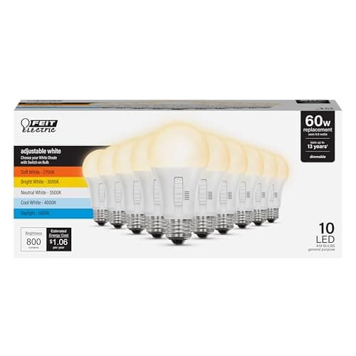 Feit Electric A19 LED Light Bulb, 60W Replacement, Dimmable, Selectable Color Temperatures (2700K-5000K), 800 Lumens, General Purpose Light Bulbs, 15,000-Hour Lifetime, OM60DM/5CCT