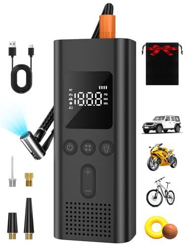 AIRSURE Tire Inflator Portable Air Compressor, 150 PSI Fast Inflation Cordless Air Pump with LED Light, Auto Shut-Off, Rechargeable Battery for Car, Motorcycle, Bike, and Sports Ba