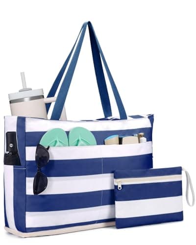 WANDF Sandproof Beach Bags for Women, Pool Tote Bag with Zipper (Navy Blue)