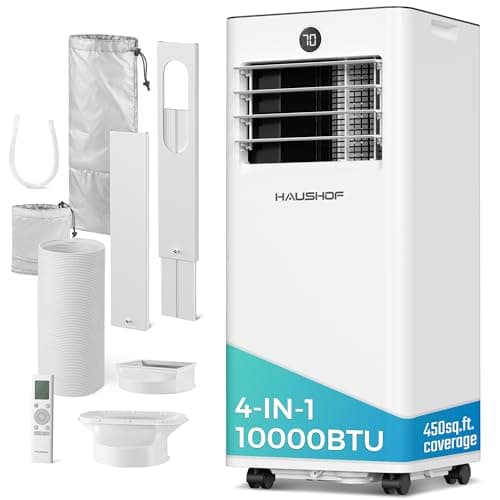 HAUSHOF Portable Air Conditioner, 10000 BTU Portable AC Unit with Cool, Fan, Dry & Sleep Mode for Rooms up to 450 sq.ft, Remote Control, 24H Timer, Window Kit & Exhaust Hose Sleeve