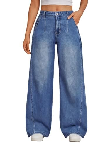Trendy Queen Women's Wide Leg Jeans with Side Pleats - Baggy Casual Denim Pants in Soft, Drapery Fabric Blue 4