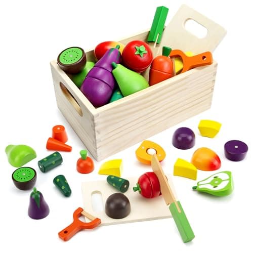 Wooden Play Food for Kids Kitchen, Fruit & Veggies Cutting Set for Toddlers