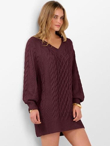 ANRABESS Women Sweater Dress Oversized V Neck Cable Knit Fall Long Sleeve