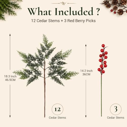 12 Artificial Christmas Cedar Branches, 17.5", with 3 Red Berry Picks | Real Touch Pine Stems with Red Berry Accents for Planters, Vases, Wreaths, Garlands, Mantels and Christmas Decor