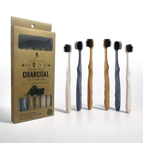 Pursonic Wide Head Toothbrush Set with Cedarwood Wooden Handle & Soft Charcoal Bristles - Travel Friendly Natural Oral Care Brushes with Comfortable Grip Design for All Age Groups