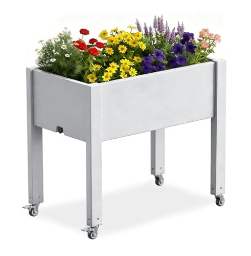 PatioZen Raised Garden Bed with Legs, 28.9" Tall Self-Watering Raised Planter Box with Lockable Wheels, Drainage Plug and Gauge for Vegetables Flowers, Rustproof Resin for Backyard