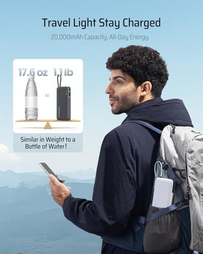 CUKTECH 45W Power Bank 20000mAh, Portable Travel Charger Built-in USB C Cable, Fast Charging Battery Pack for iPhone 16/15/14/13, iPad, Samsung Galaxy, Google Pixel, Android and Mo