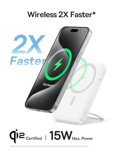 Baseus PicoGo Magnetic Power Bank, Qi2 Certified 15W Ultra-Fast Wireless Portable Charger with Stand, Ultra-Slim 5000mAh Battery Pack for iPhone 17 Pro Max 16/15/14/13/12