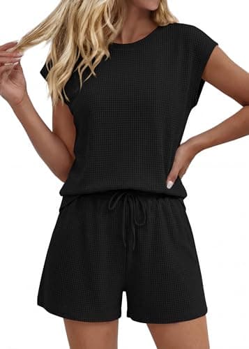 KIRUNDO Two Piece Sets For Women Summer 2026 Cap Sleeve Short Set Waffle Knit Matching Lounge Drawstring Vacation Outfits(Black, Small)