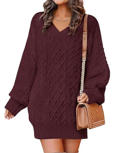 ANRABESS Women Sweater Dress Oversized V Neck Cable Knit Fall Long Sleeve