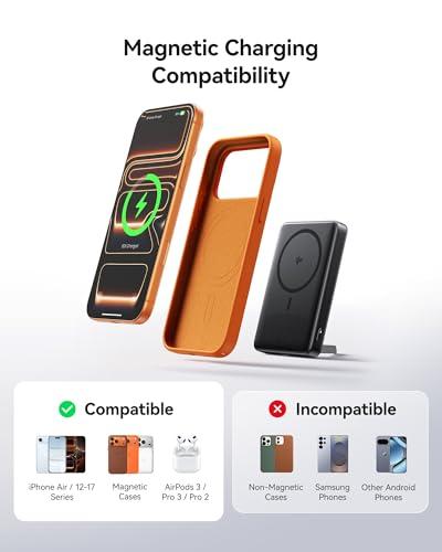 INIU for Magsafe Power Bank, Slimmest 10000mAh Qi2 Certified 15W Magnetic Portable Charger, 45W Fast Charging with Built-in USB-C Cable, Battery Pack with Stand for iPhone Air 17 1