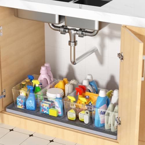 Tapete Impermeable para Bajo Fregadero (34"x22") con 4 Contenedores Transparentes: Set Organizador Esencial para Cocina, Baño, Despensa y Hogar