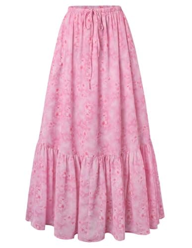 Scarlet Darkness Floral Maxi Skirts for Women 2026 Summer Flowy Ruffle Long Skirt with Pokets Pink L
