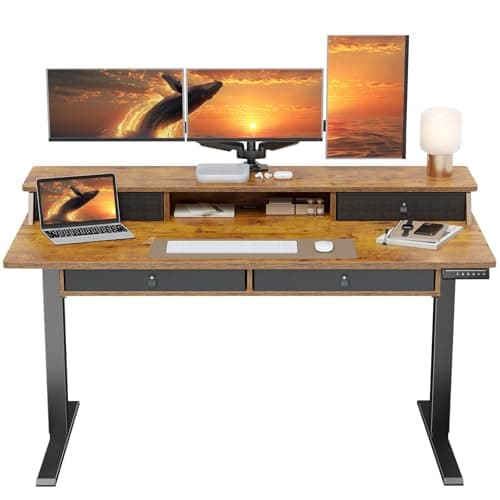ErGear 55 X 30 Inch Electric Standing Desk with 4 Drawers, Height Adjustable Desk with Storage, C-Clamp Mount Compatible, Home Office Table with Cable Management Tray, Vintage Brow