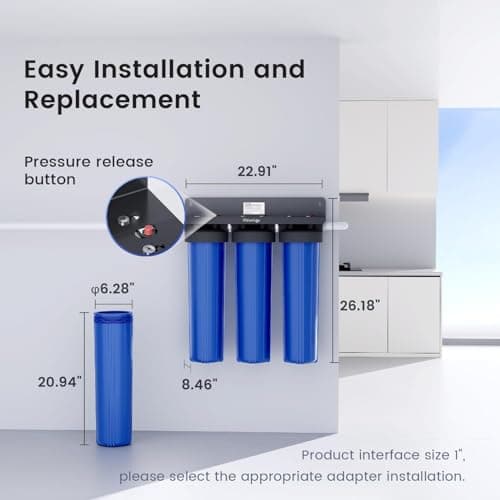 Waterdrop WHF3T-FG 3-Stage Whole House Water Filter System, Reduces Iron & Manganese, Lead, Chlorine, Odor, 7-Stage Filtration, with Carbon Filter & Sediment Filter, 5 Micron, 1" I