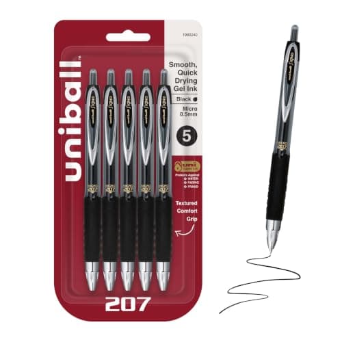 (S&S) uniball™ 207 Gel Pens, Black Ink, 0.5mm Micro Point, Retractable, 5 Count