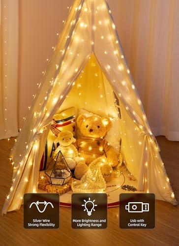 Brightown 300 LED Fairy Curtain Lights, 9.8ft x 9.8ft Warm White Curtain String Lights, USB Plug in 8 Lighting Modes Christmas Decoration, Hanging Lights with Remote
