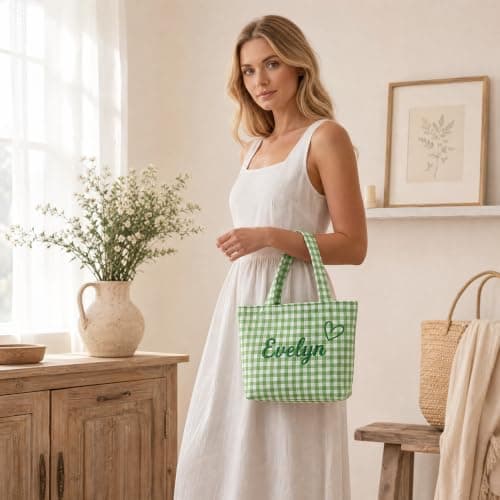 Bolso Tote KEQHAULI Personalizado a Cuadros Bordado con Nombre – Grande, Ligero y Versátil
