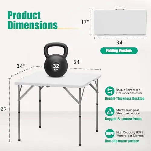 34'' Square Folding Card Table 2 Pcs,Dining Table with Handle & Safety Lock