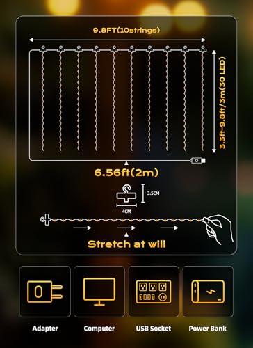 Brightown 300 LED Fairy Curtain Lights, 9.8ft x 9.8ft Warm White Curtain String Lights, USB Plug in 8 Lighting Modes Christmas Decoration, Hanging Lights with Remote