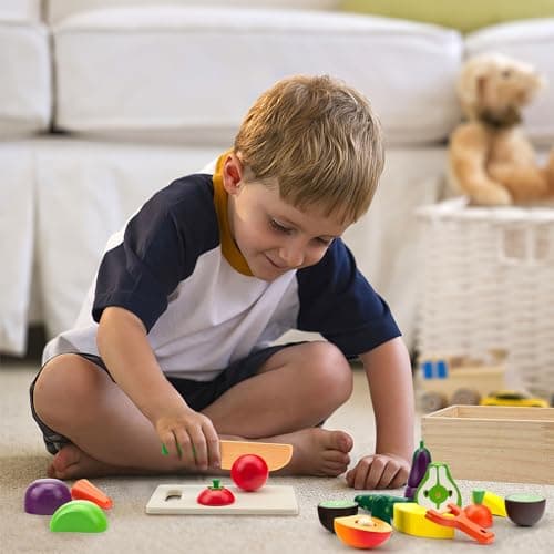 Wooden Play Food for Kids Kitchen, Fruit & Veggies Cutting Set for Toddlers