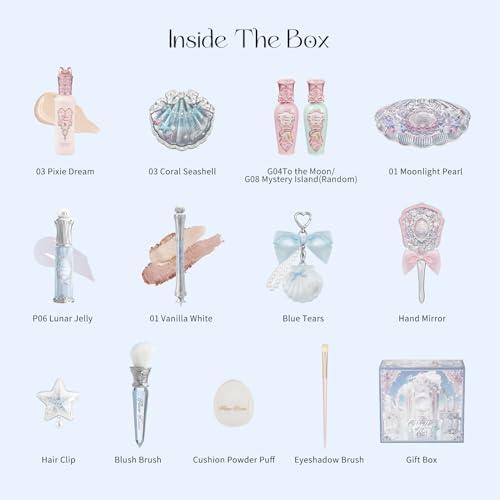 Flower Knows Shell’s Jewel 13-Piece Makeup Gift Box Set,Lip Gloss×2+Blush×1+ Eyeshadow Palette×1+Highlighter×3+Hand Mirror×1+Hair Clip×1+Mini Powder Puff×1+Blush Brush×1+Eyeshadow